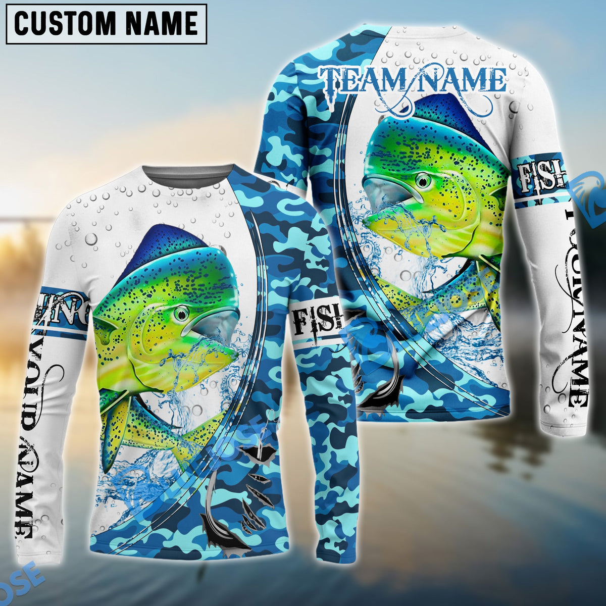 Bluejose Mahi-Mahi Fishing Blue Camouflage Water Splash Custom Name &amp; Team Name 3D Shirts