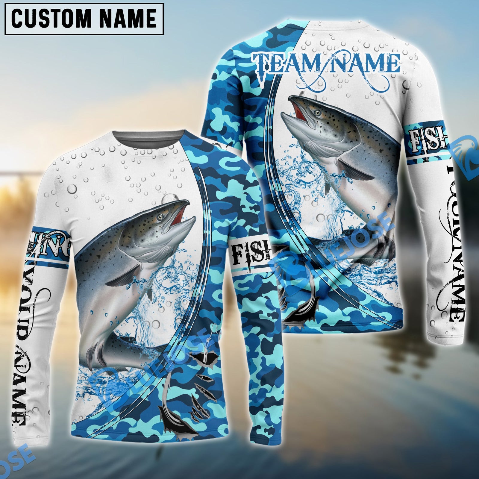 Bluejose Salmon Fishing Blue Camouflage Water Splash Custom Name & Team Name 3D Shirts