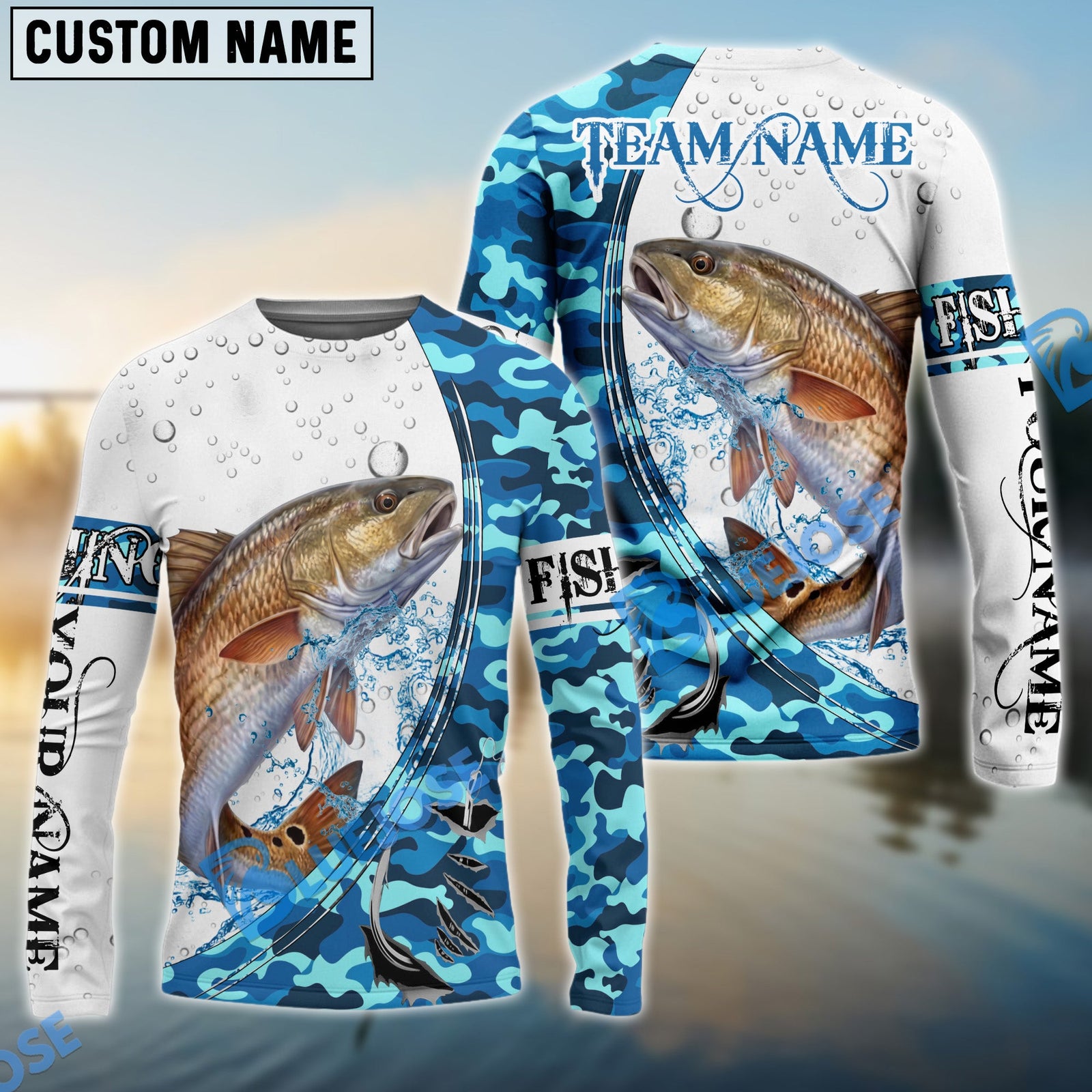 Bluejose Red Fish Fishing Blue Camouflage Water Splash Custom Name & Team Name 3D Shirts