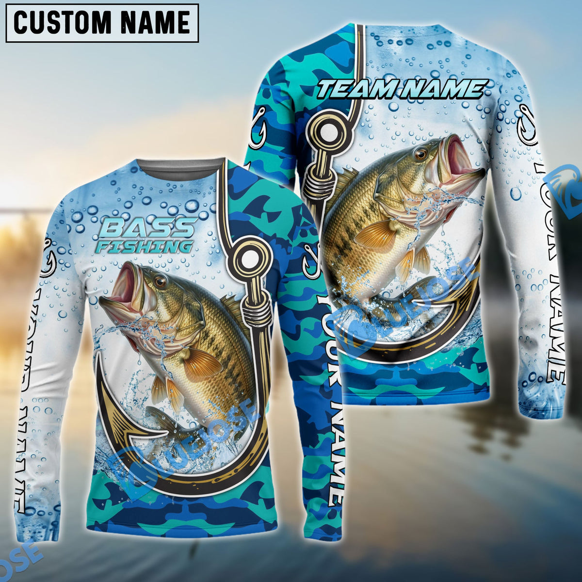 Bluejose Bass Fishing Hook Blue Camo Water Splash Custom Name &amp; Team Name 3D Shirts