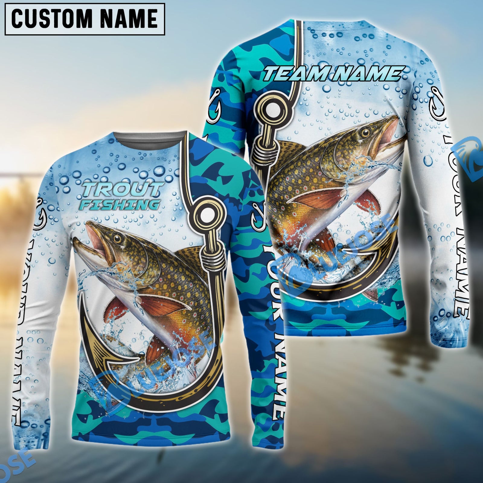 Bluejose Trout Fishing Hook Blue Camo Water Splash Custom Name & Team Name 3D Shirts