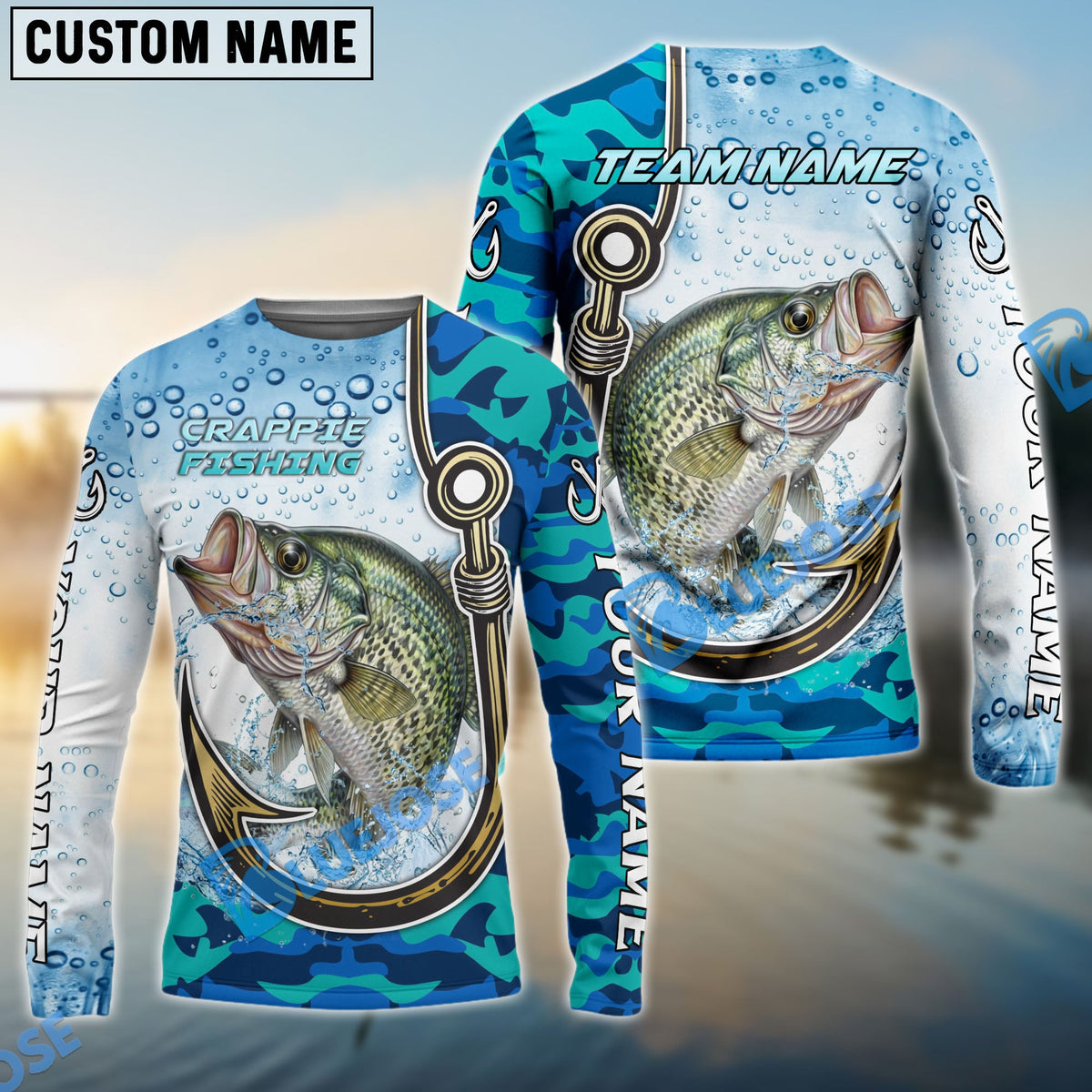 Bluejose Crappie Fishing Hook Blue Camo Water Splash Custom Name &amp; Team Name 3D Shirts