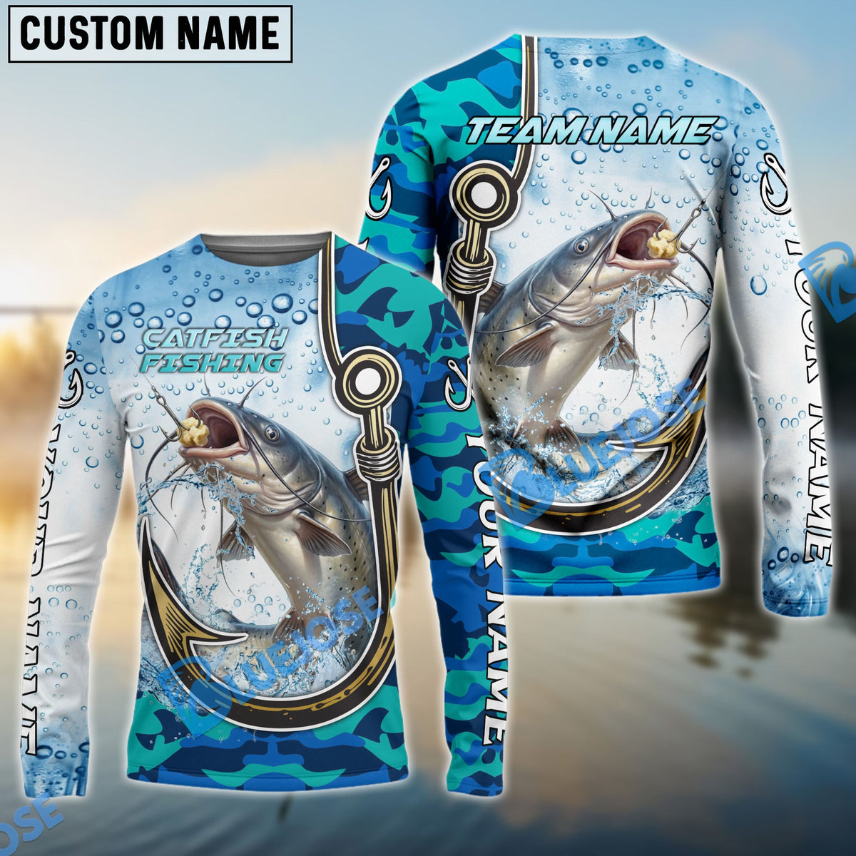 Bluejose Catfish Fishing Hook Blue Camo Water Splash Custom Name &amp; Team Name 3D Shirts