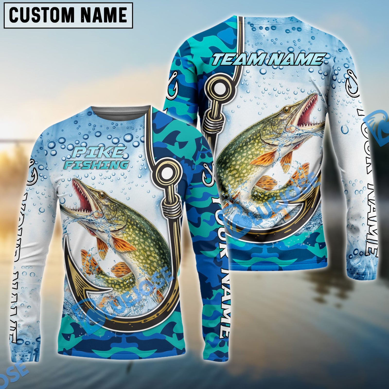 Bluejose Pike Fishing Hook Blue Camo Water Splash Custom Name & Team Name 3D Shirts