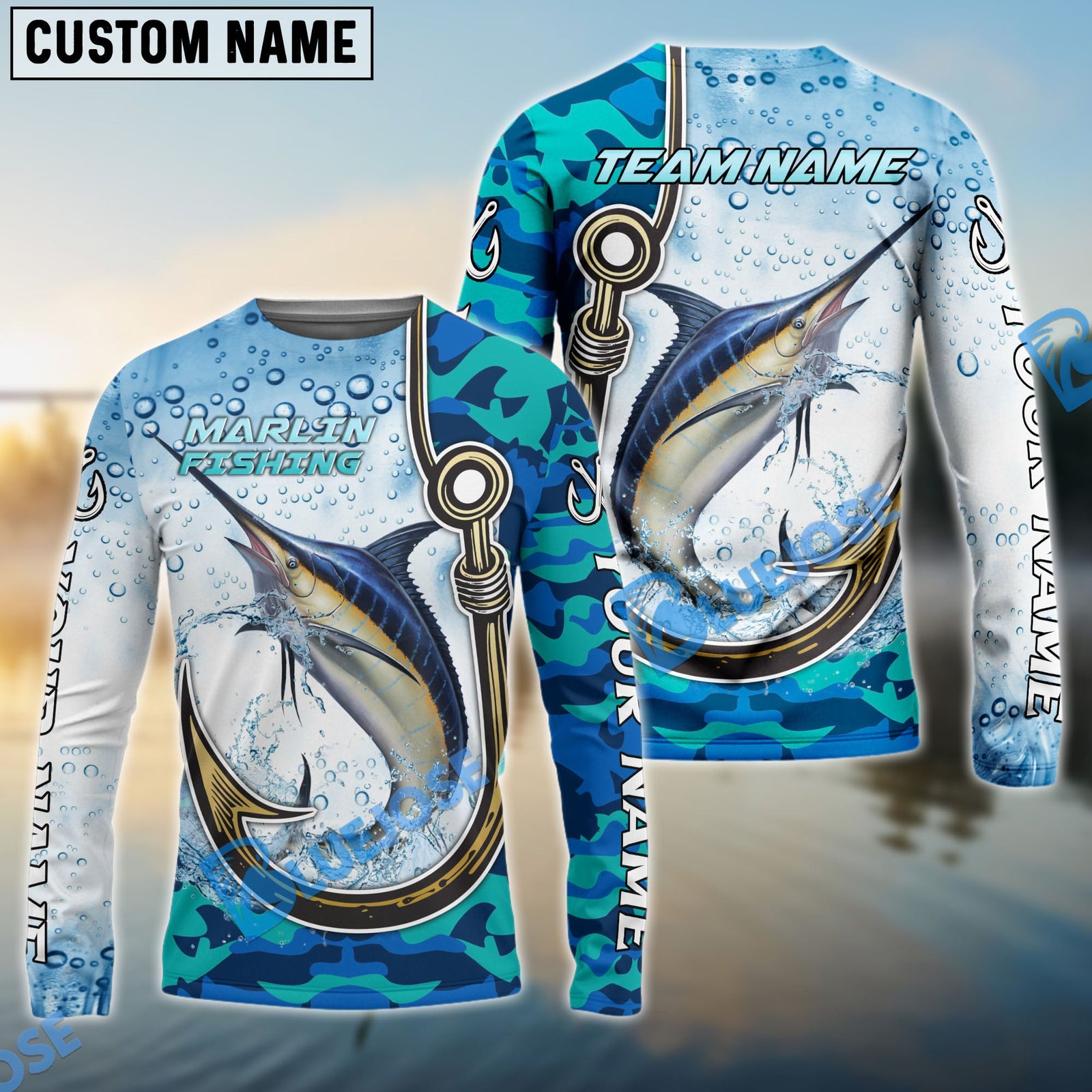 Bluejose Marlin Fishing Hook Blue Camo Water Splash Custom Name & Team Name 3D Shirts