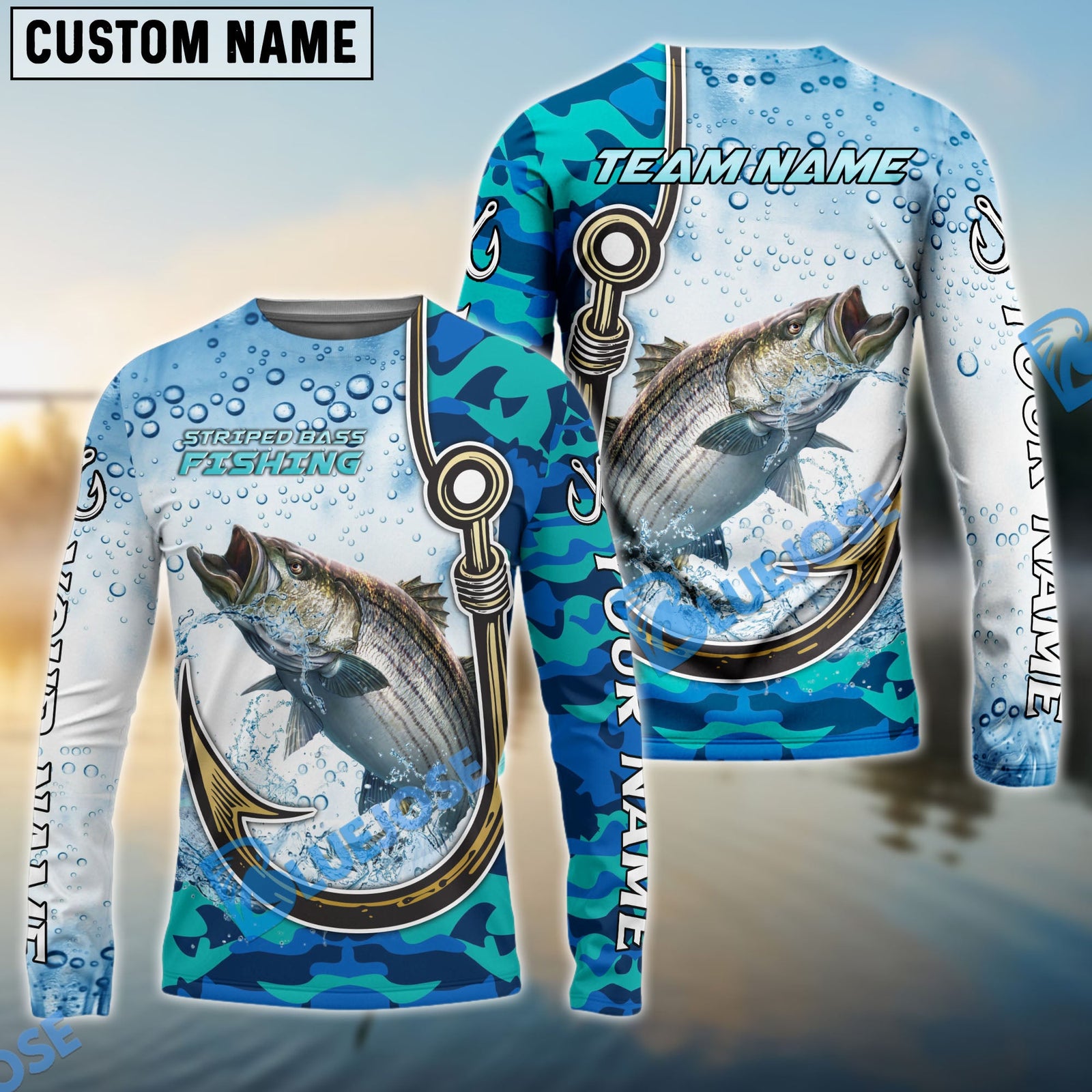 Bluejose Striped Bass Fishing Hook Blue Camo Water Splash Custom Name & Team Name 3D Shirts