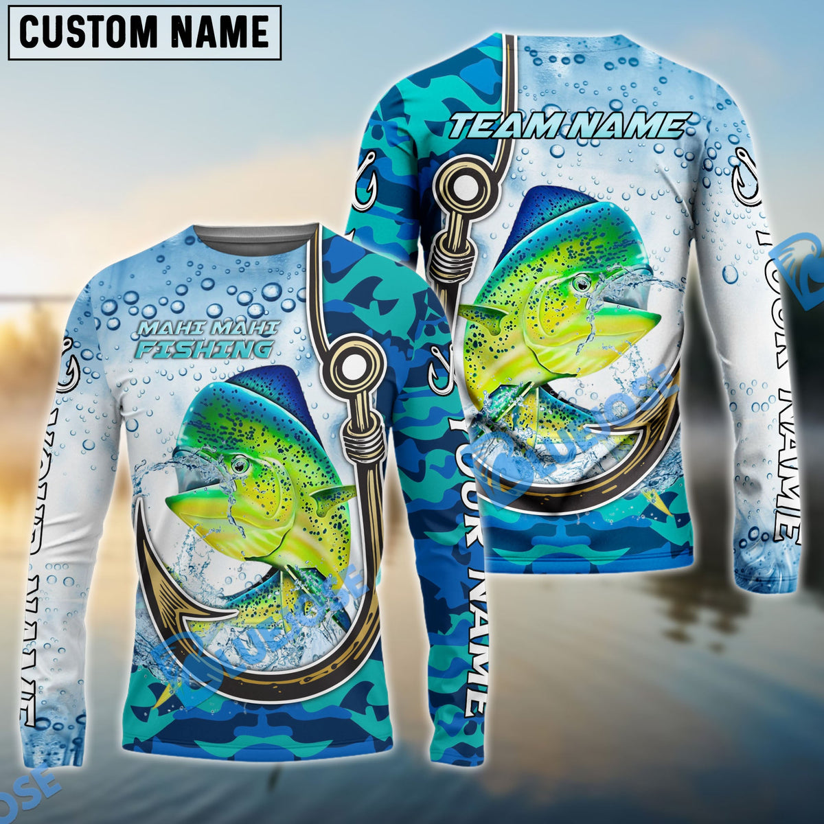 Bluejose Mahi-mahi Fishing Hook Blue Camo Water Splash Custom Name &amp; Team Name 3D Shirts