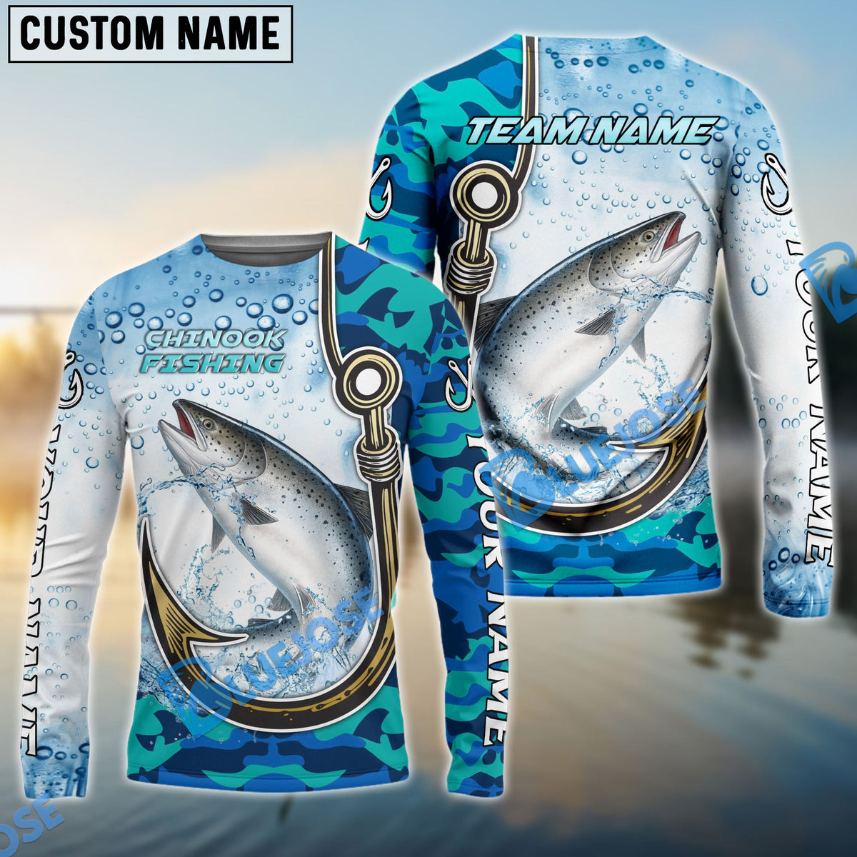 Bluejose Salmon Fishing Hook Blue Camo Water Splash Custom Name &amp; Team Name 3D Shirts