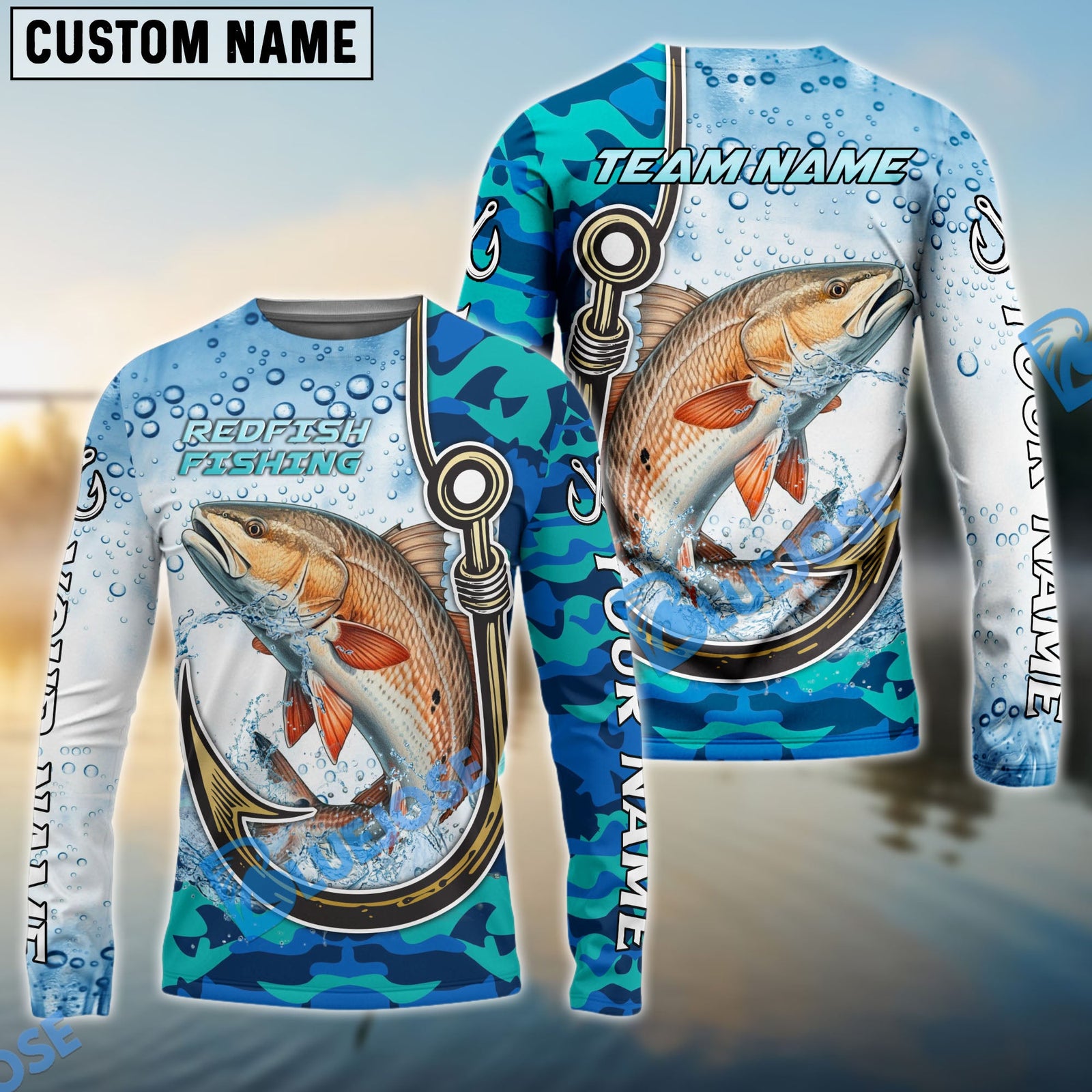 Bluejose Red Fish Fishing Hook Blue Camo Water Splash Custom Name & Team Name 3D Shirts