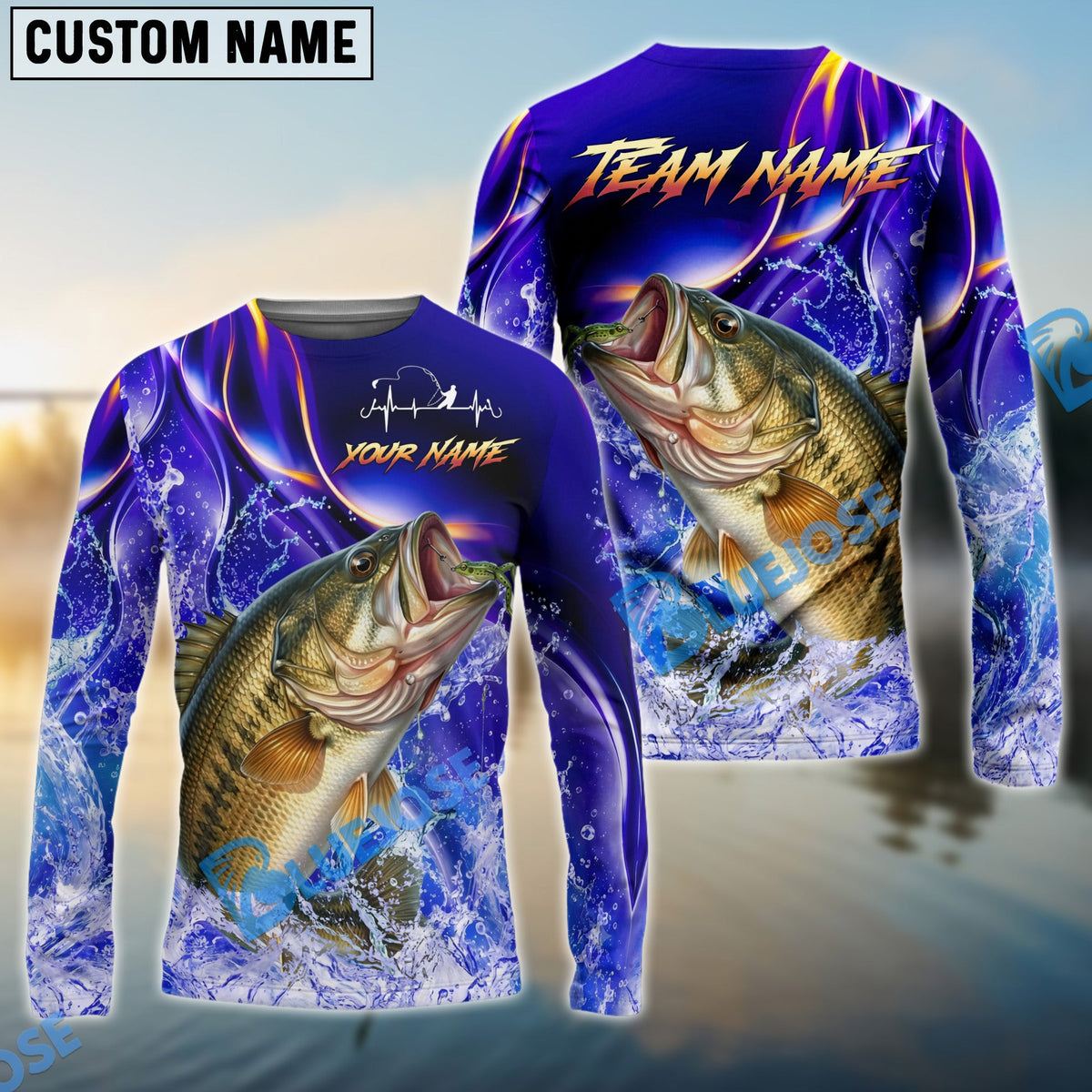Bluejose Bass Fishing Purple Wave Ocean Splash Design Custom Name &amp; Team Name 3D Shirts