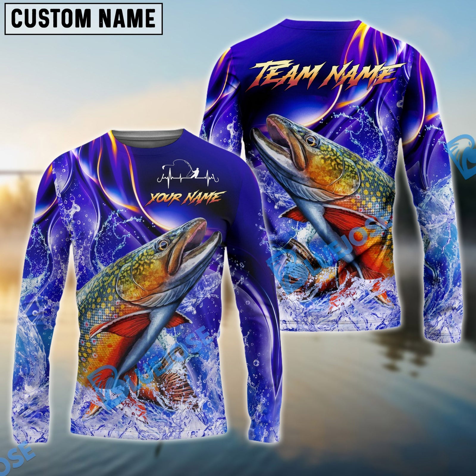 Bluejose Trout Fishing Purple Wave Ocean Splash Design Custom Name & Team Name 3D Shirts