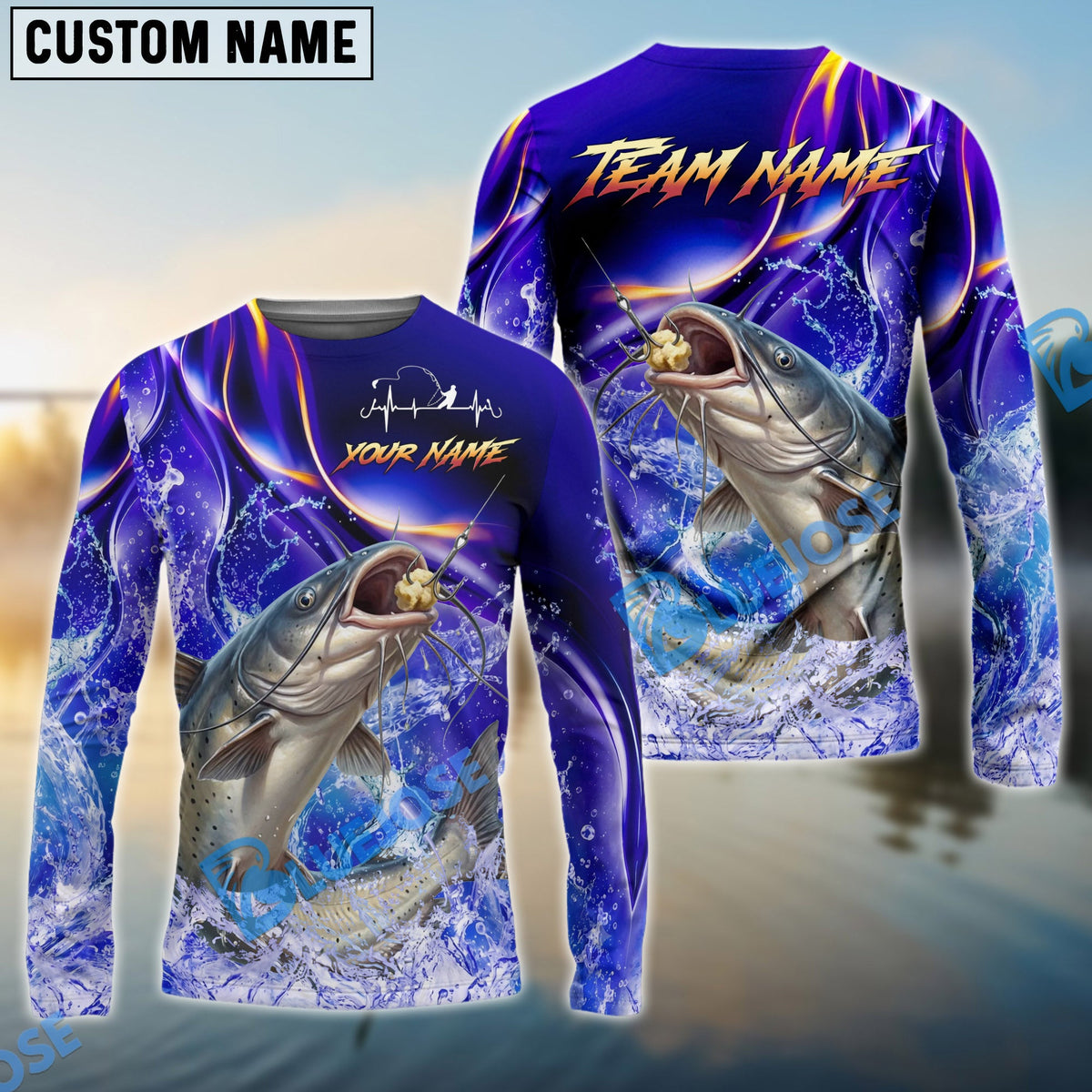 Bluejose Catfish Fishing Purple Wave Ocean Splash Design Custom Name &amp; Team Name 3D Shirts