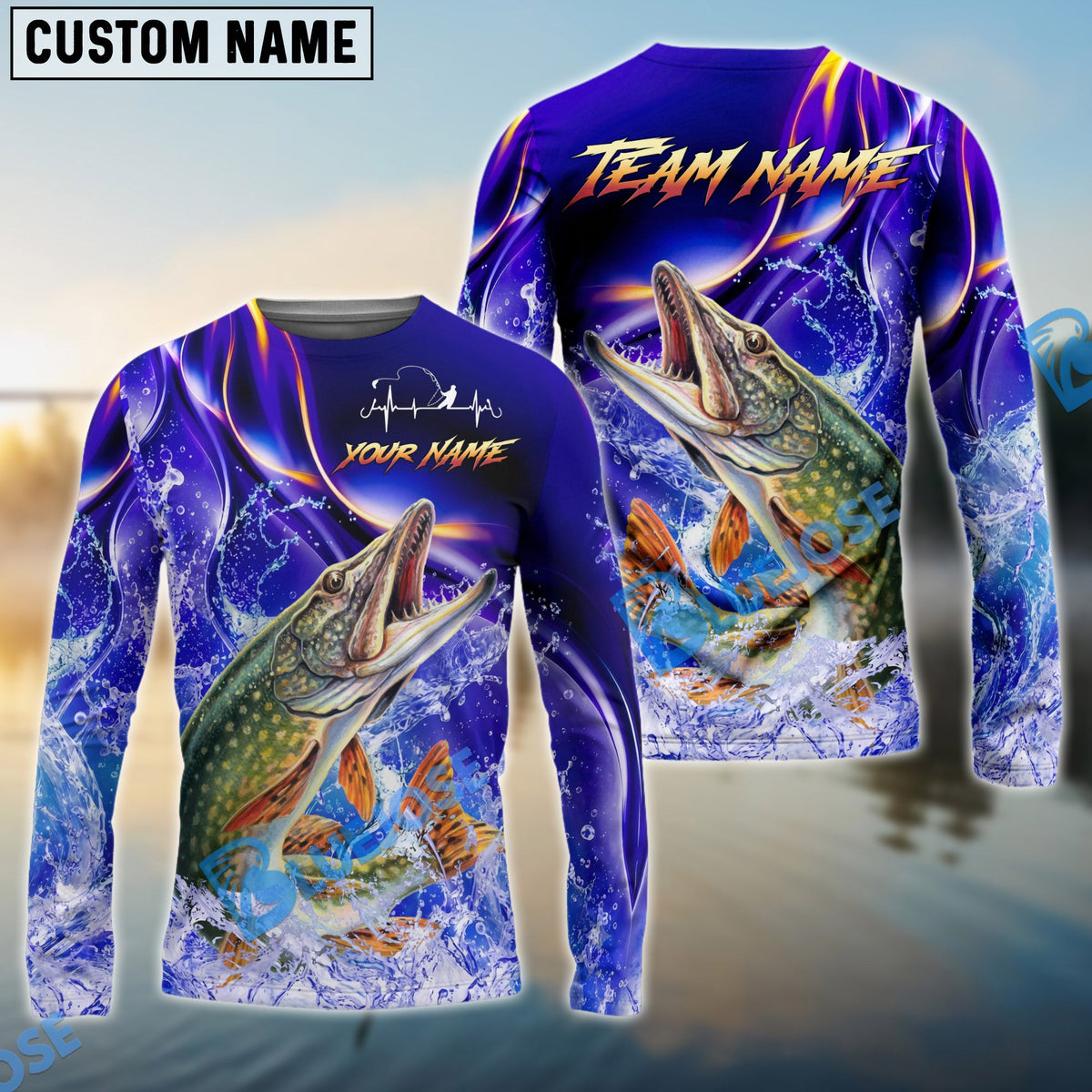 Bluejose Pike Fishing Purple Wave Ocean Splash Design Custom Name &amp; Team Name 3D Shirts