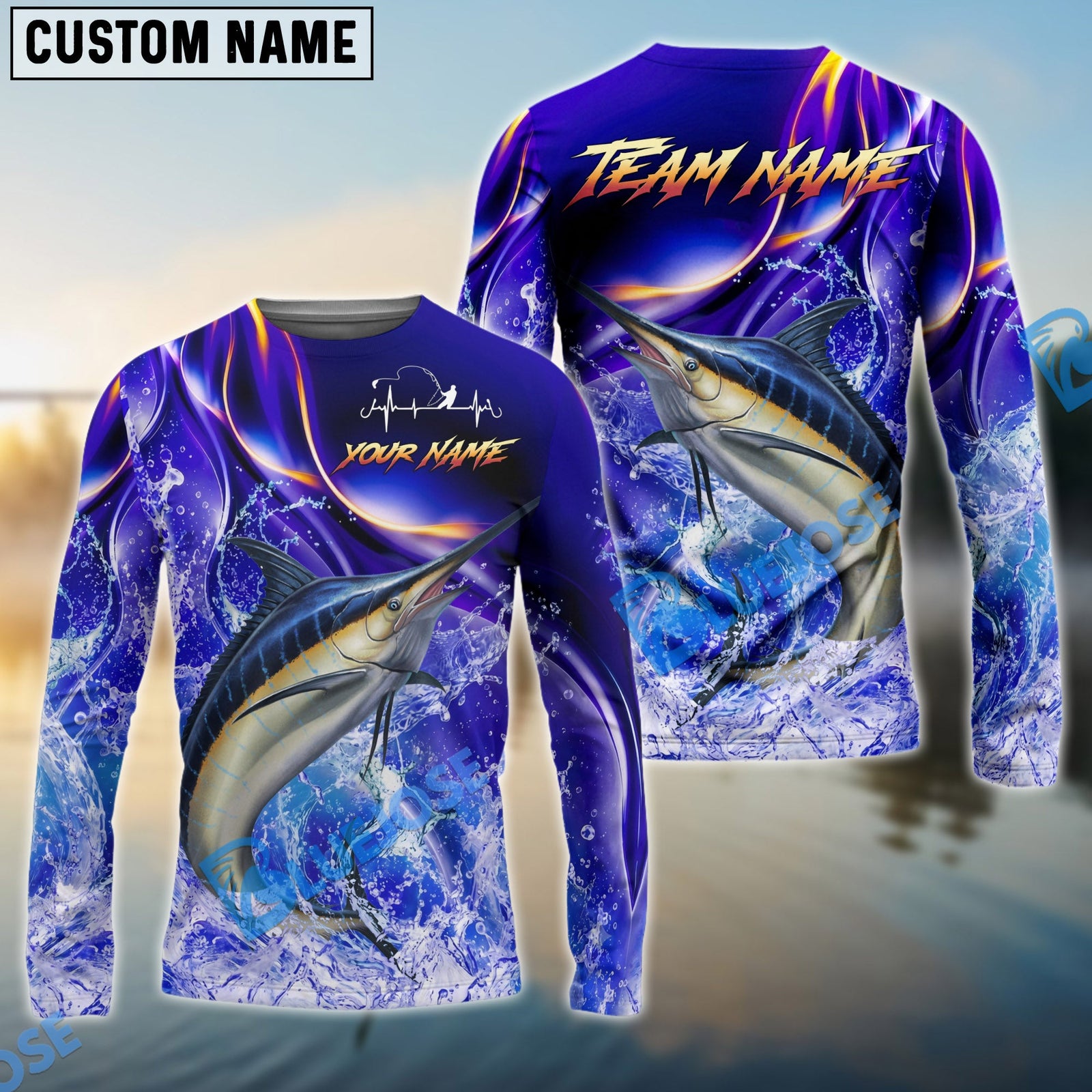 Bluejose Marlin Fishing Purple Wave Ocean Splash Design Custom Name & Team Name 3D Shirts