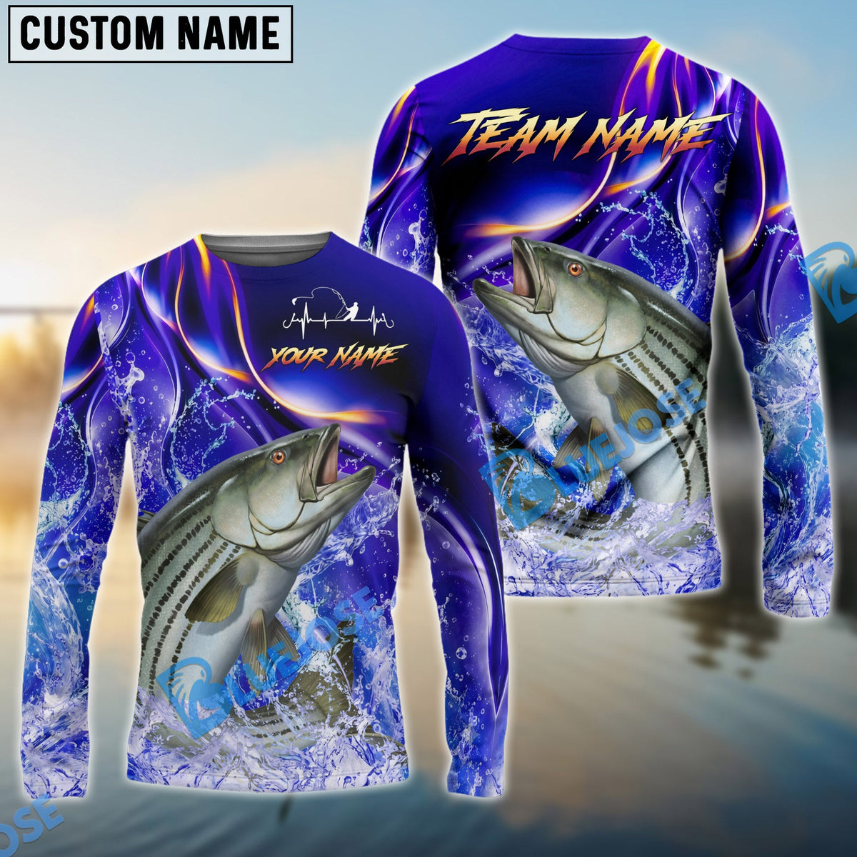 Bluejose Striped Bass Fishing Purple Wave Ocean Splash Design Custom Name &amp; Team Name 3D Shirts
