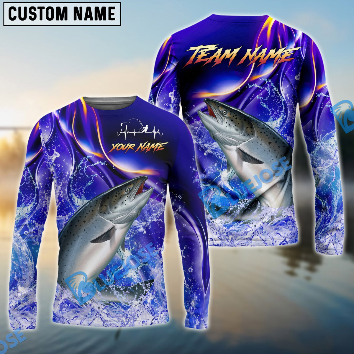 Bluejose Salmon Fishing Purple Wave Ocean Splash Design Custom Name &amp; Team Name 3D Shirts