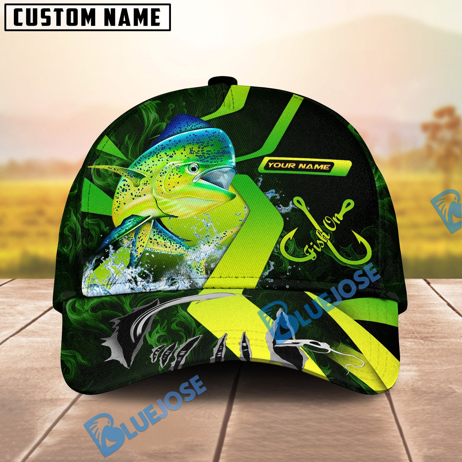 BlueJose Fishing Neon Green Neon Hook Splash Personalized Cap (13 Breeds)