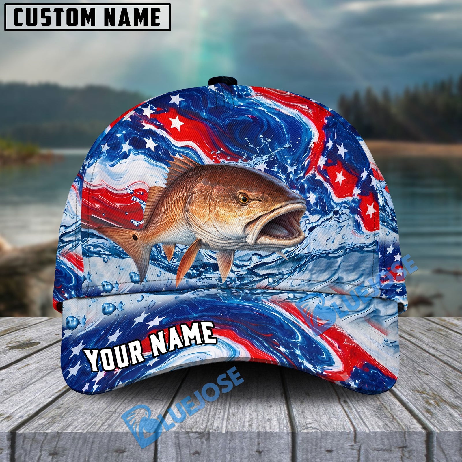 BlueJose Fishing Patriotic Red White Blue Wave Personalized Cap (13 Breeds)