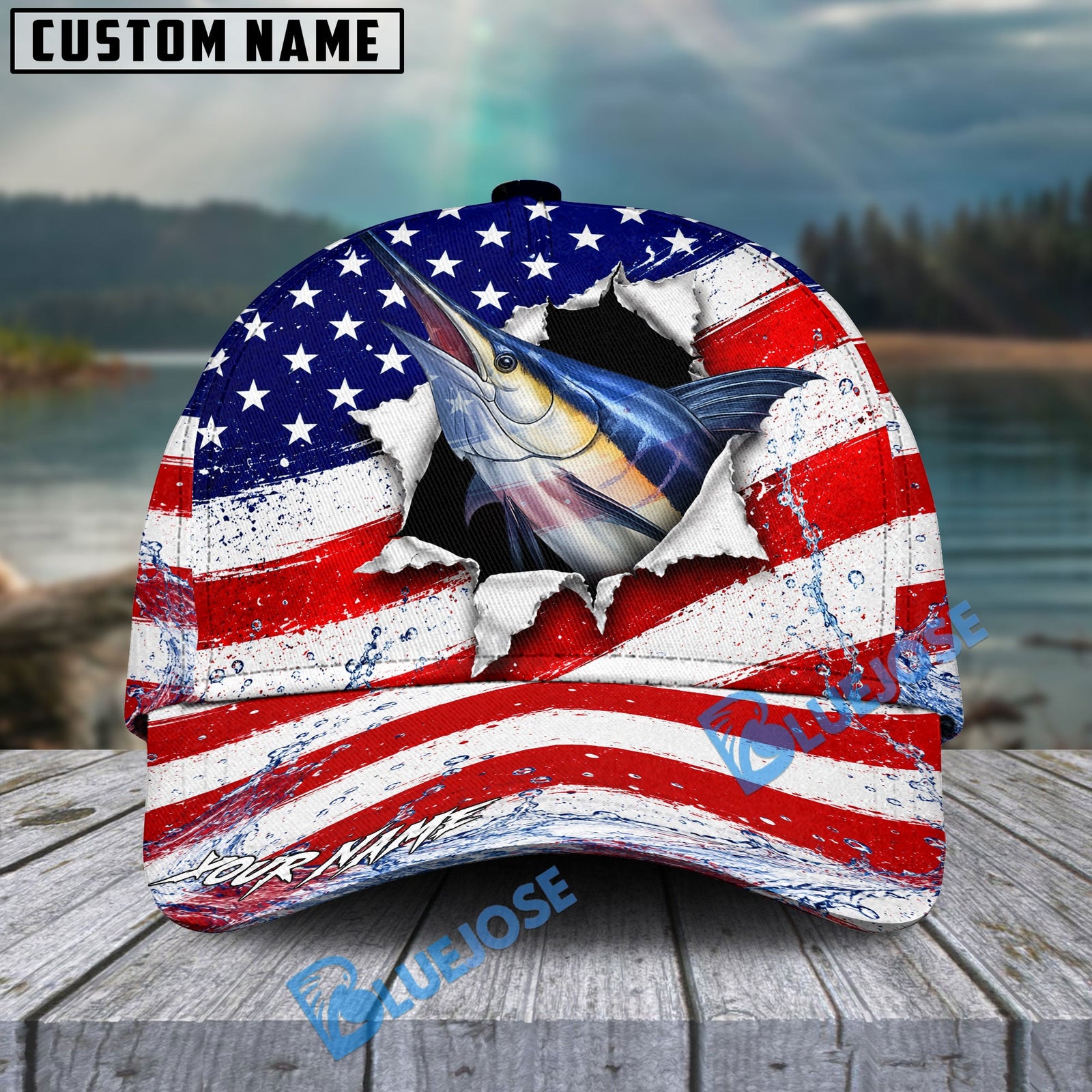 BlueJose Fishing Patriotic Flag Water Splash Personalized Cap (13 Breeds)