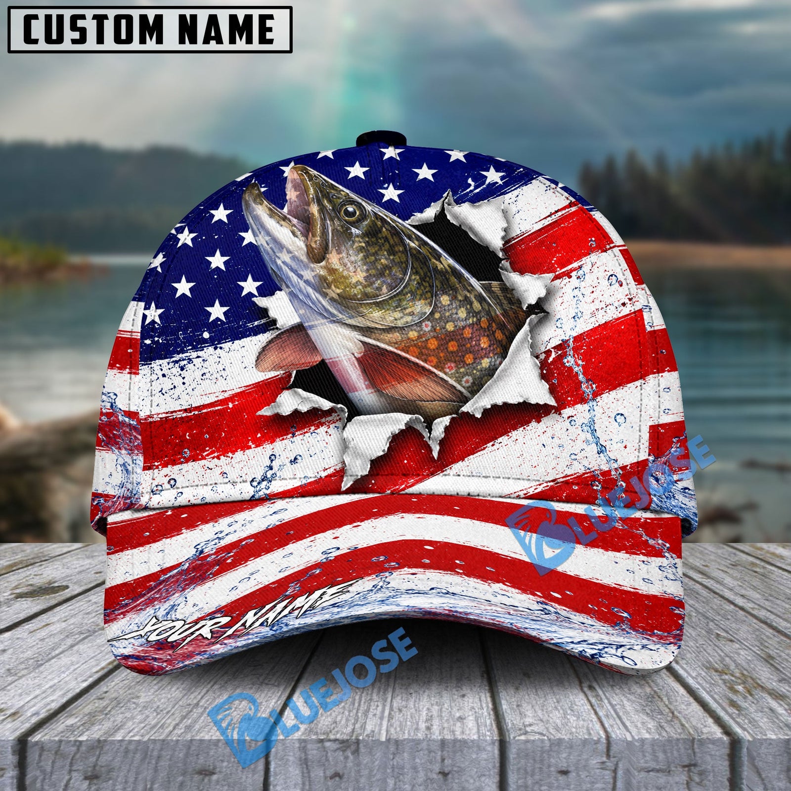 BlueJose Fishing Patriotic Flag Water Splash Personalized Cap (13 Breeds)