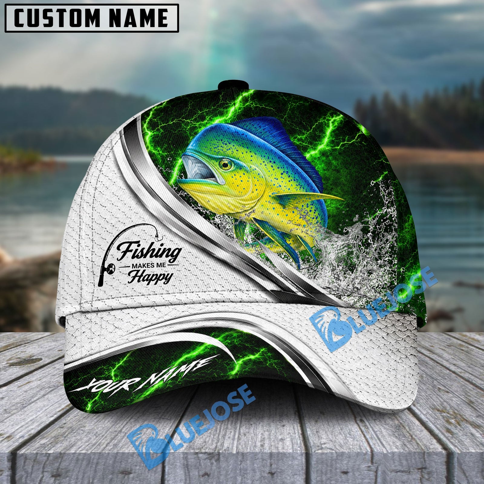 BlueJose Fishing Green Lightning White Scale Water Splash Personalized Cap (13 Breeds)
