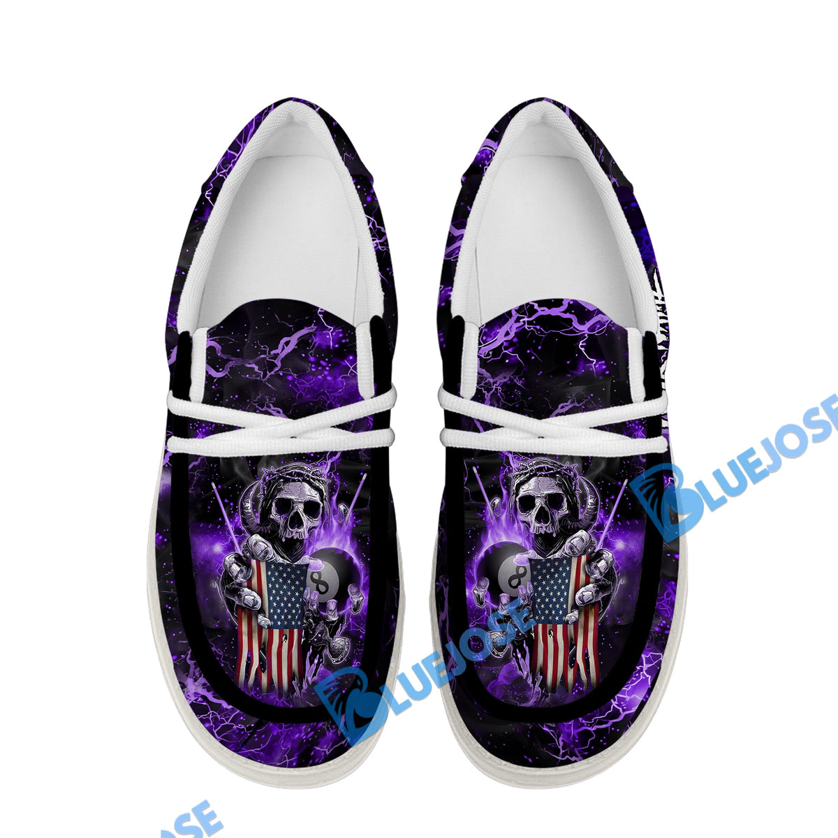 BlueJose Billiards Ball 8 Fire Skull US Flag Purple White Canvas Loafer Shoes