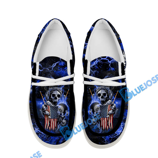 BlueJose Billiards Ball 8 Fire Skull US Flag Blue White Canvas Loafer Shoes