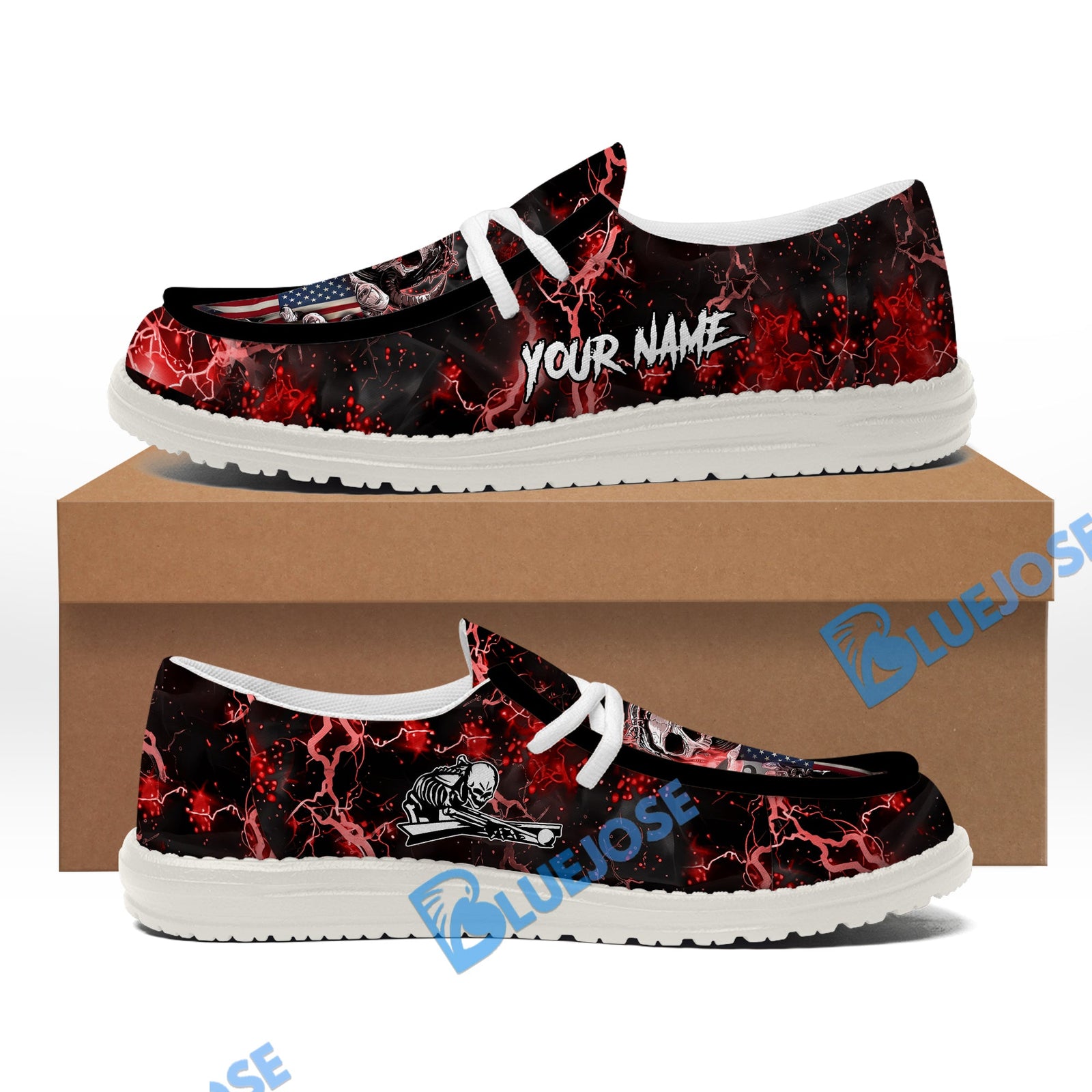 BlueJose Billiards Ball 8 Fire Skull US Flag Red White Canvas Loafer Shoes