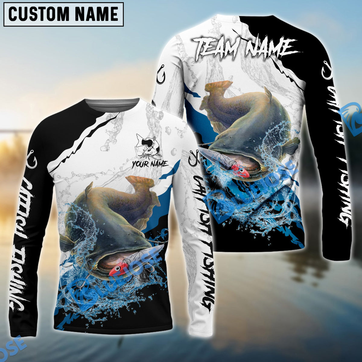 Bluejose Catfish Fishing Black White Water Flow Custom Name &amp; Team Name 3D Shirts