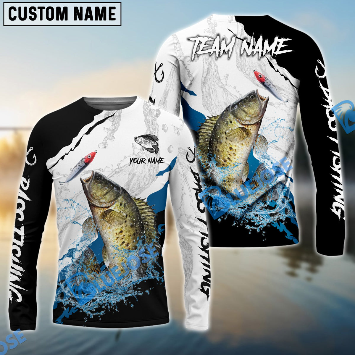 Bluejose Crappie Fishing Black White Water Flow Custom Name &amp; Team Name 3D Shirts