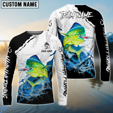 Bluejose Mahi Mahi Fishing Black White Water Flow Custom Name & Team Name 3D Shirts