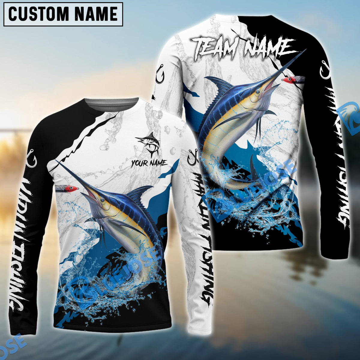 Bluejose Marlin Fishing Black White Water Flow Custom Name &amp; Team Name 3D Shirts