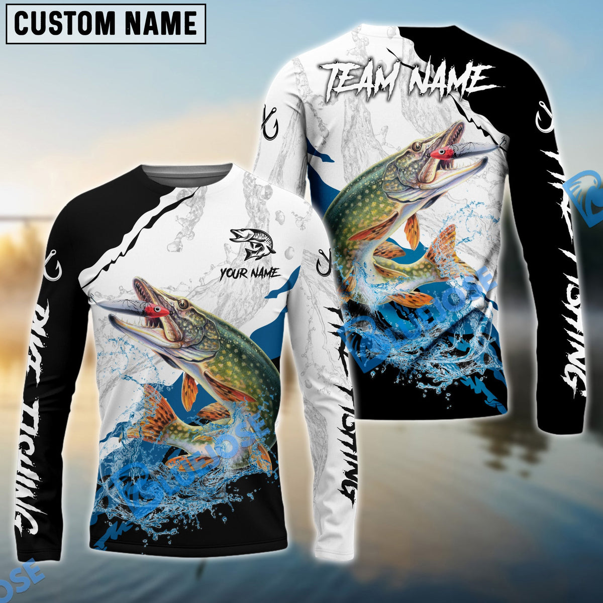 Bluejose Pike Fishing Black White Water Flow Custom Name &amp; Team Name 3D Shirts