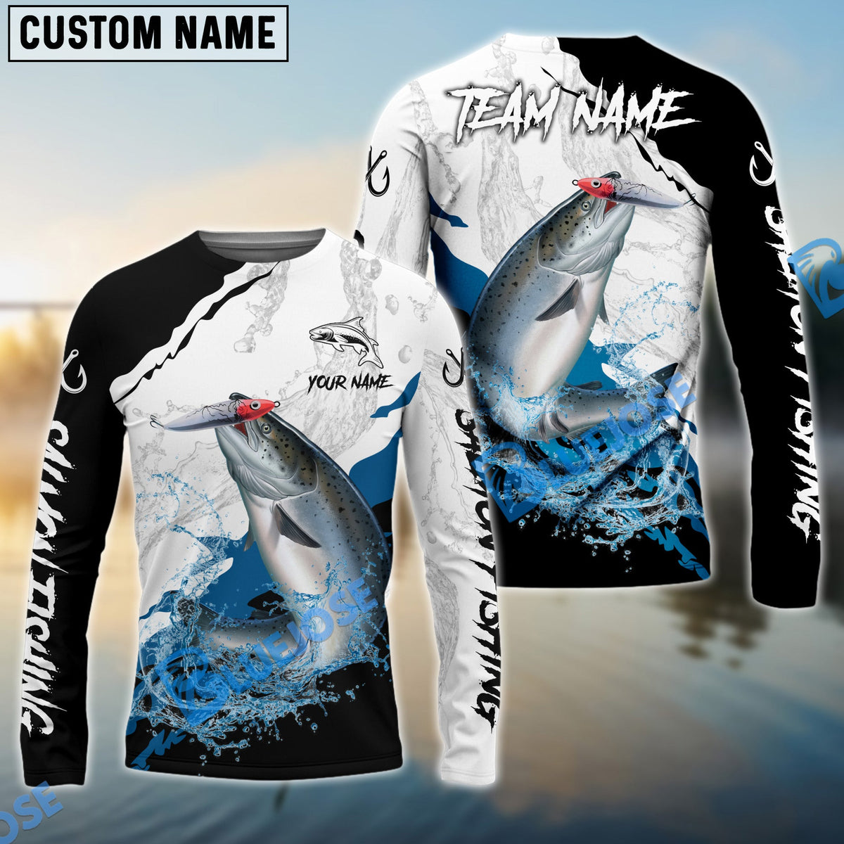 Bluejose Salmon Fishing Black White Water Flow Custom Name &amp; Team Name 3D Shirts