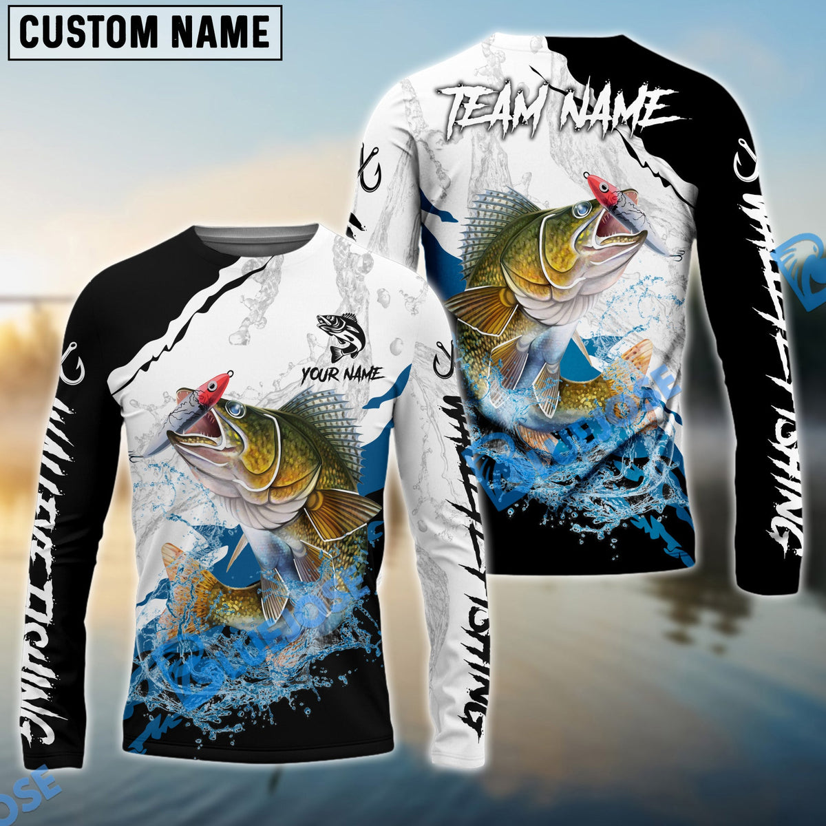 Bluejose Walleye Fishing Black White Water Flow Custom Name &amp; Team Name 3D Shirts