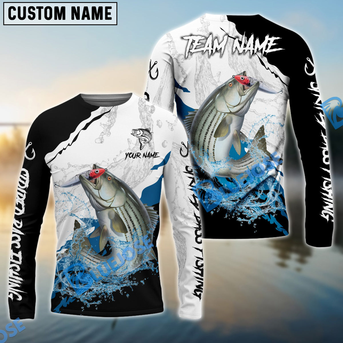 Bluejose Striped Bass Fishing Black White Water Flow Custom Name &amp; Team Name 3D Shirts