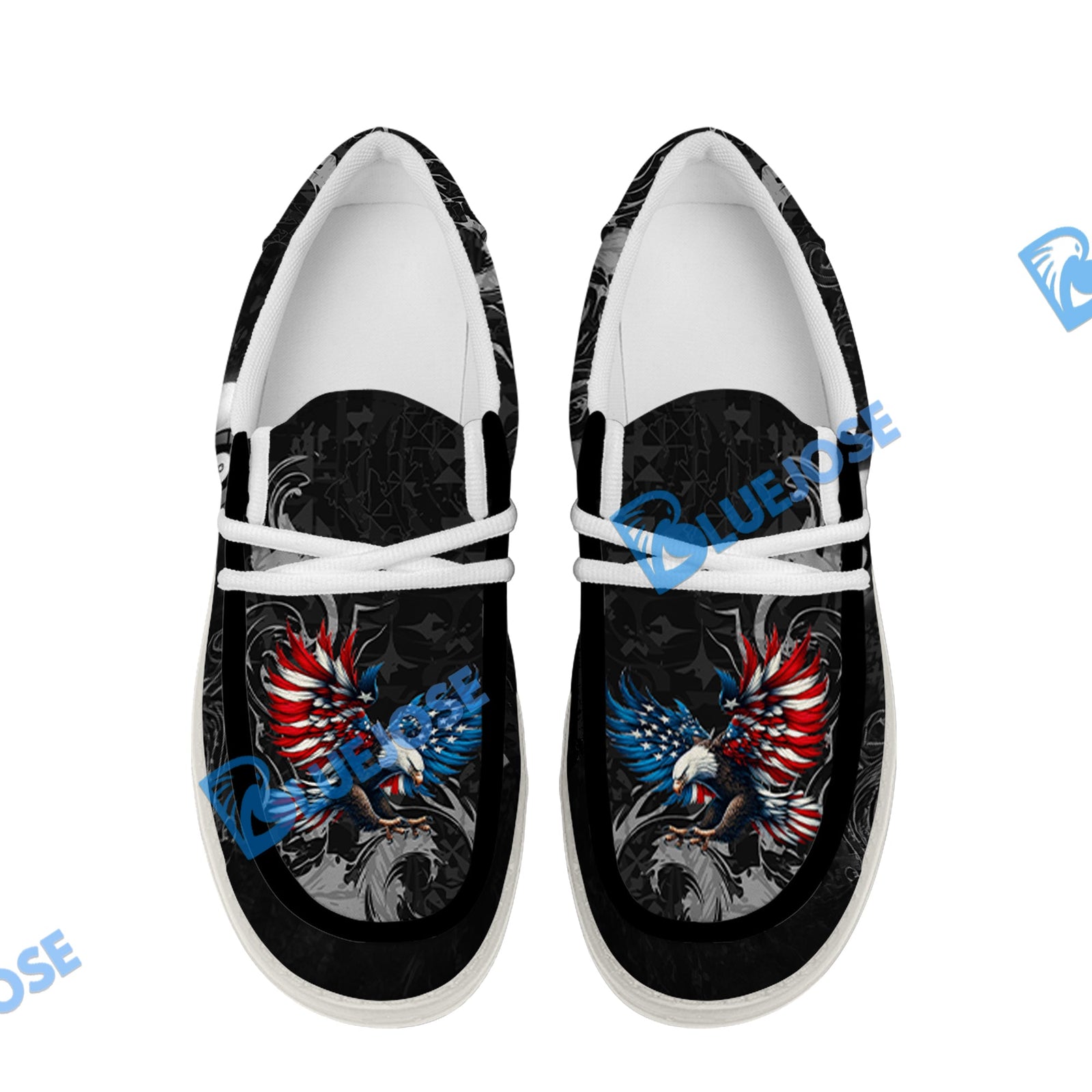 BlueJose Billiards 8 Ball Almighty American Eagle White Canvas Loafer Shoes (4 Colors)