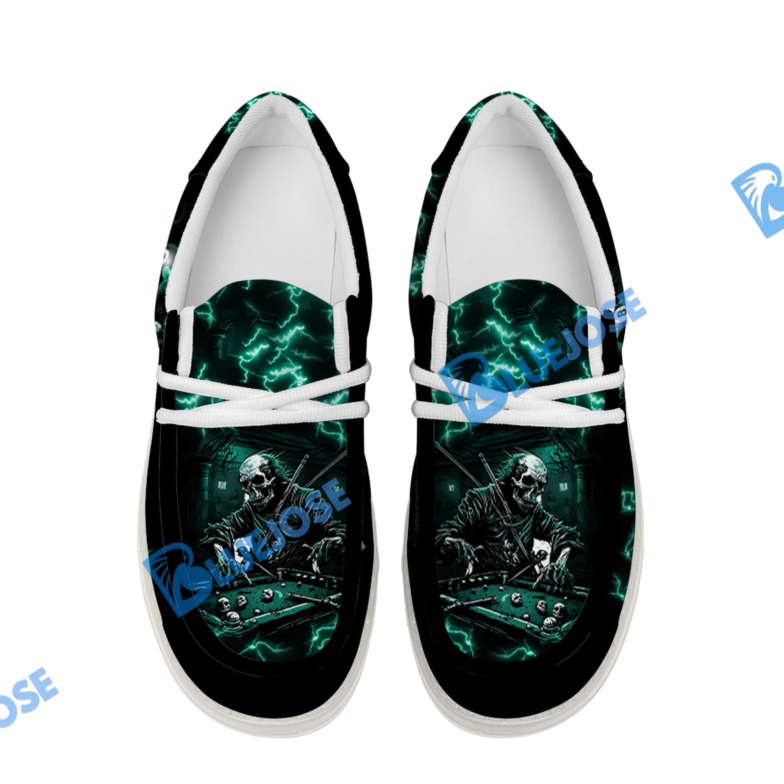 BlueJose Billiards Skull Fire White Canvas Loafer Shoes (4 Colors)