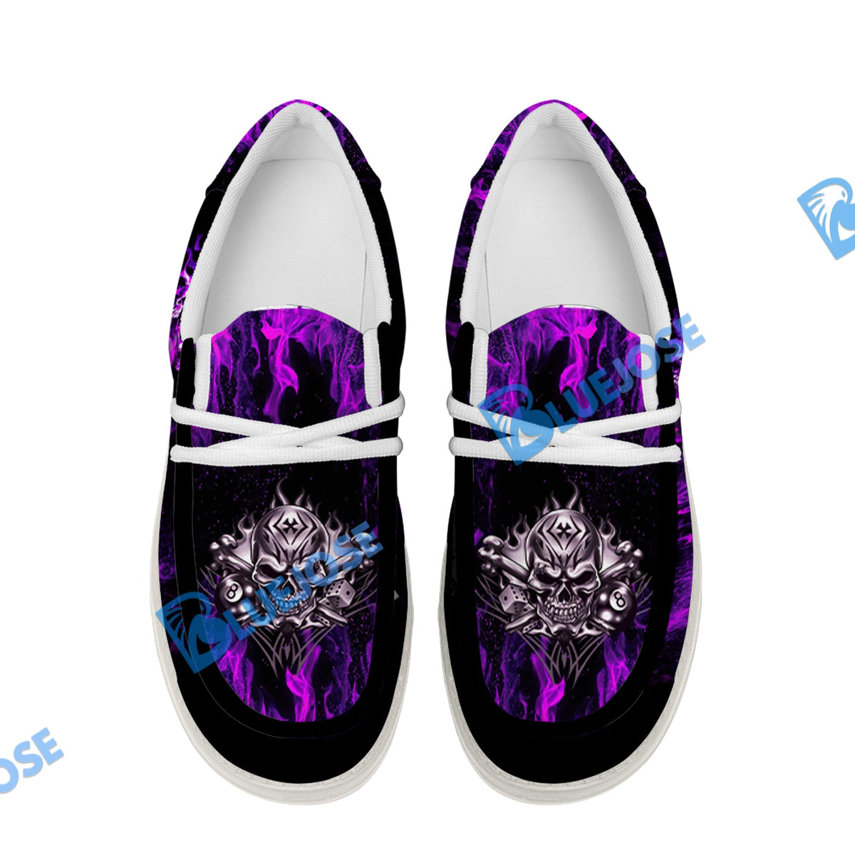 BlueJose Billiards 8 Ball Fusion Skulls White Canvas Loafer Shoes (4 Colors)