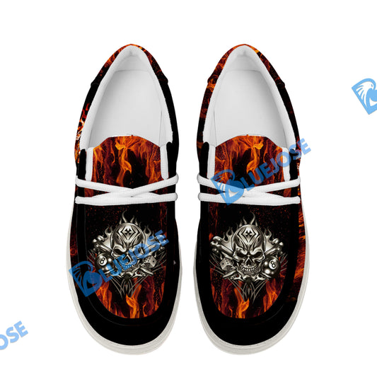 BlueJose Billiards 8 Ball Fusion Skulls White Canvas Loafer Shoes (4 Colors)