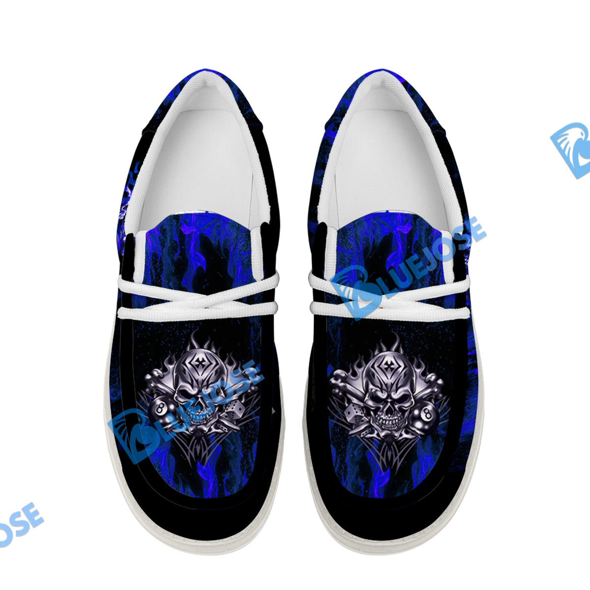 BlueJose Billiards 8 Ball Fusion Skulls White Canvas Loafer Shoes (4 Colors)