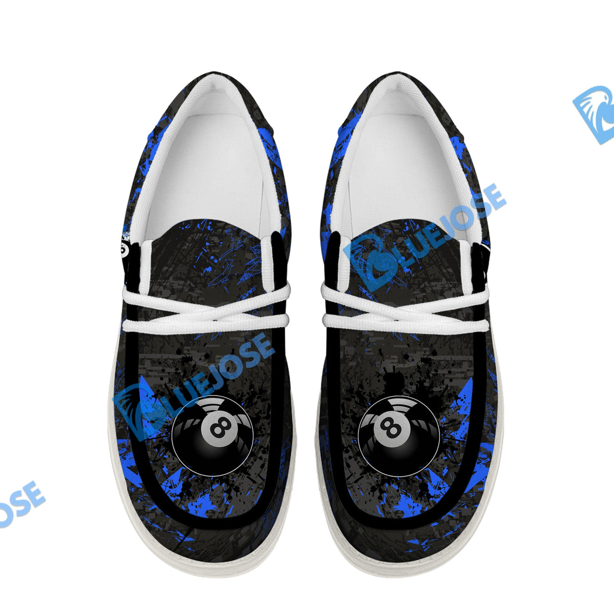 BlueJose Billiards 8 Ball Black Stains Grunge Blue White Canvas Loafer Shoes