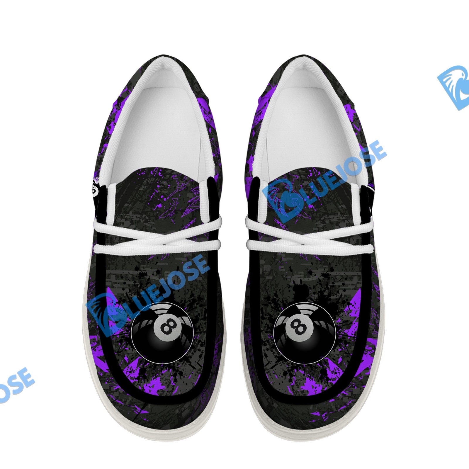 BlueJose Billiards 8 Ball Black Stains Grunge Purple White Canvas Loafer Shoes