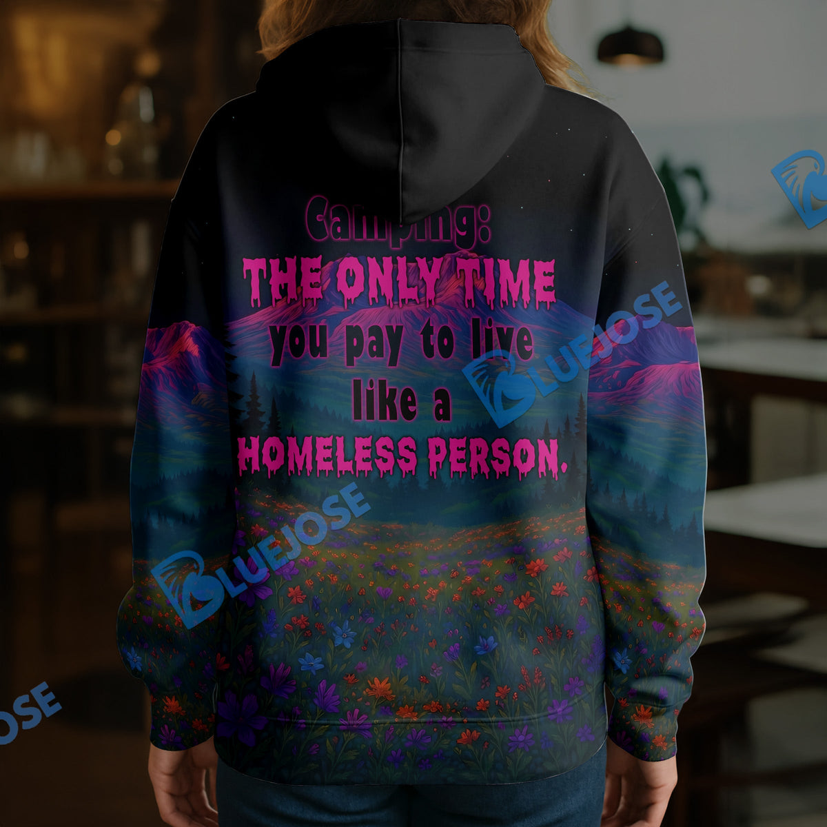 BlueJose Personalized Neon Mountain Bigfoot Camping Hoodie