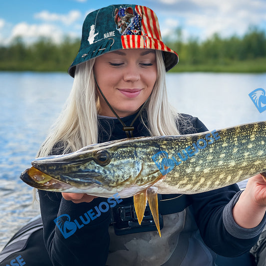 BlueJose Custom Name Bass Fishing Flag Print Bucket Fishing State Hat