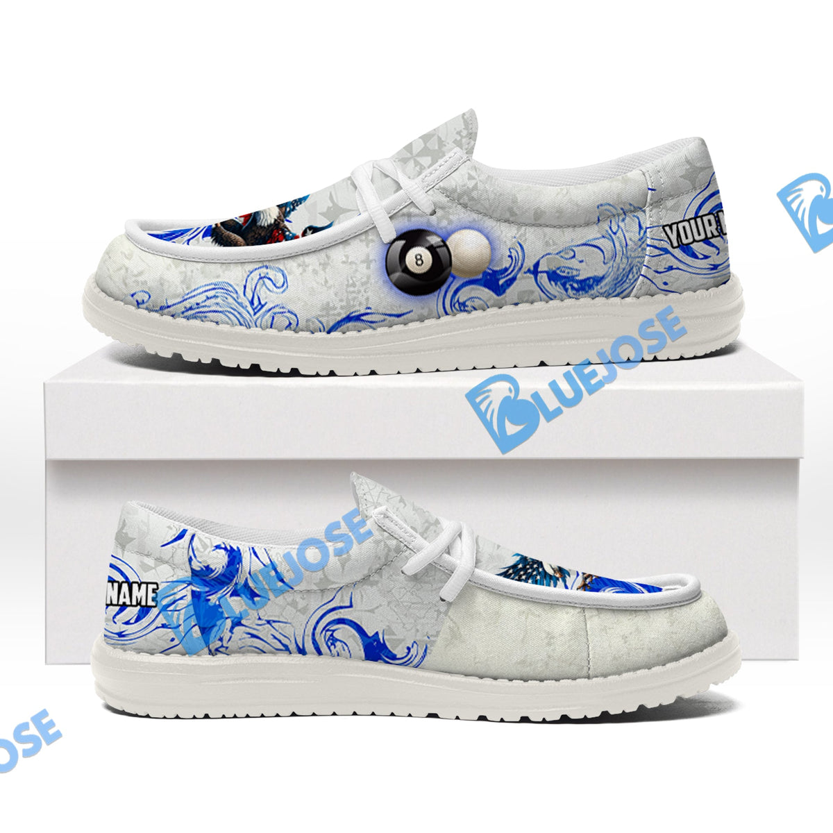 BlueJose Billiards 8 Ball Almighty American Eagle White Canvas Loafer Shoes (4 Colors)