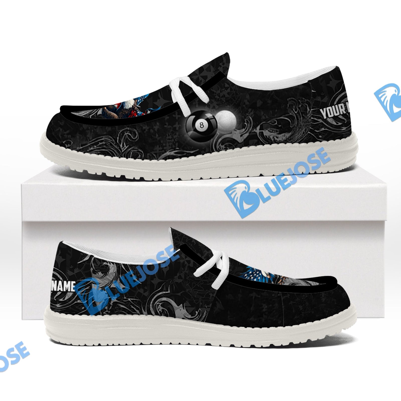 BlueJose Billiards 8 Ball Almighty American Eagle White Canvas Loafer Shoes (4 Colors)