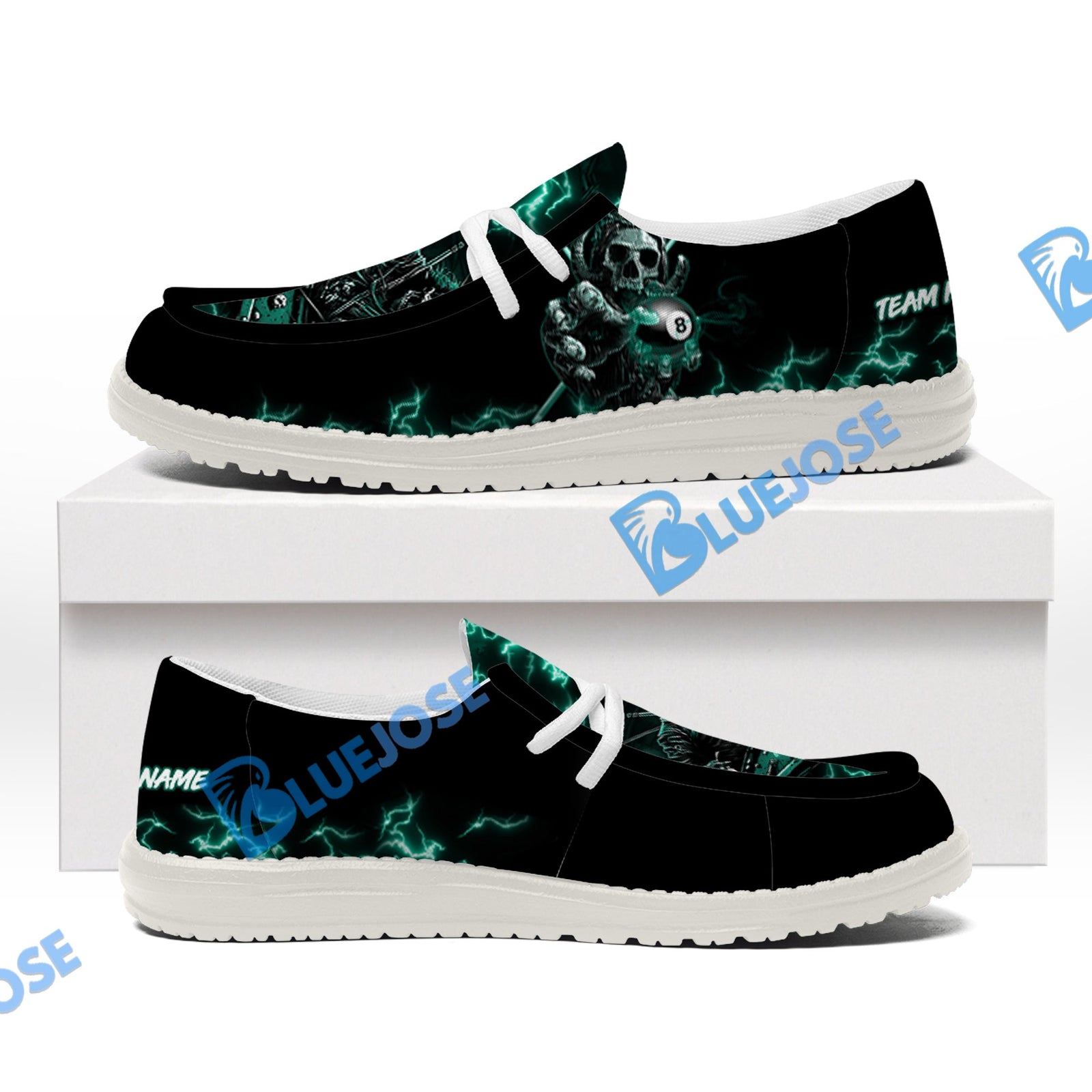 BlueJose Billiards Skull Fire White Canvas Loafer Shoes (4 Colors)