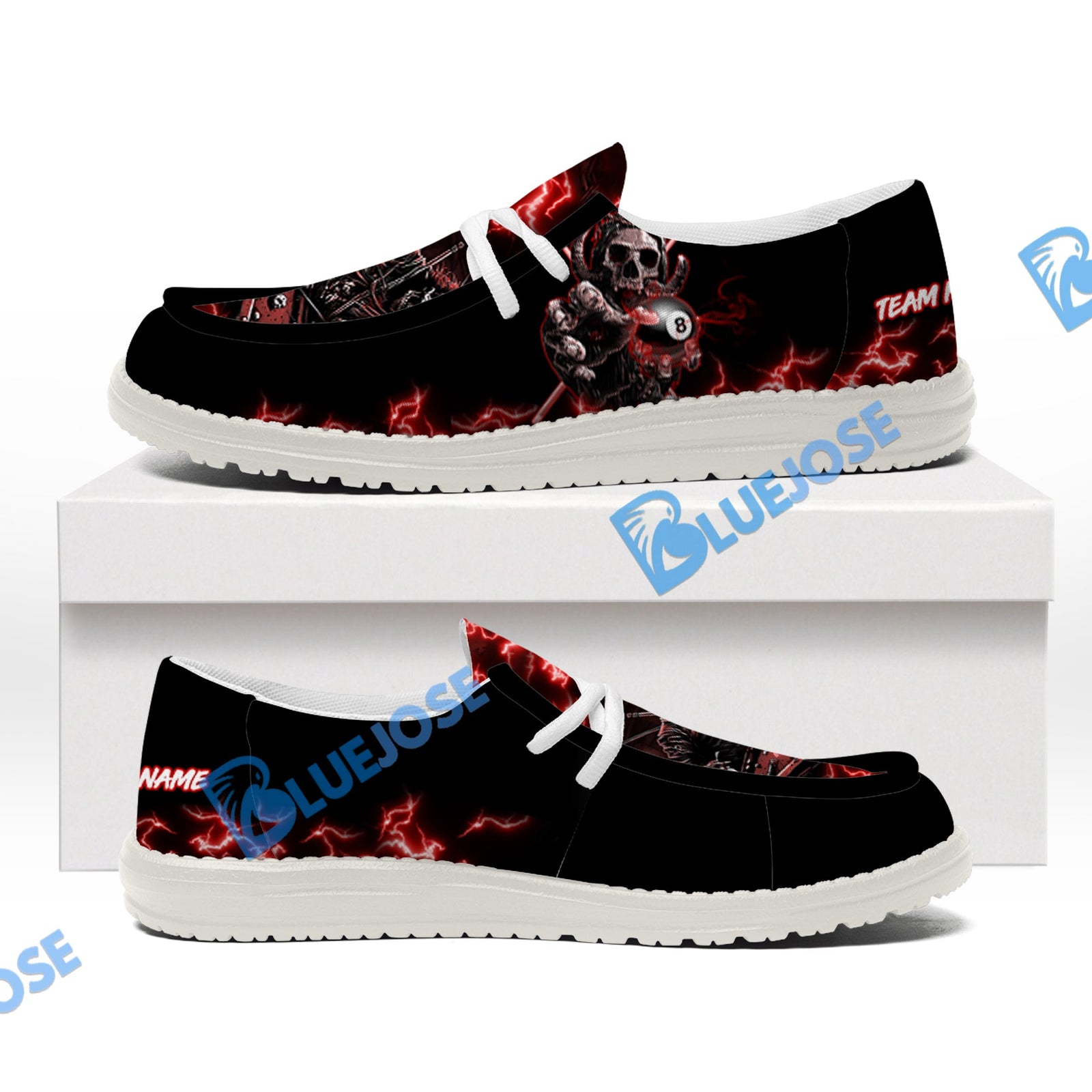 BlueJose Billiards Skull Fire White Canvas Loafer Shoes (4 Colors)