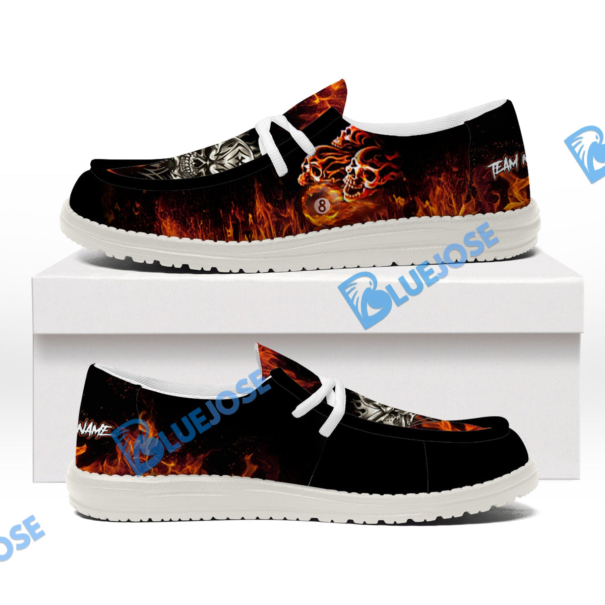 BlueJose Billiards 8 Ball Fusion Skulls White Canvas Loafer Shoes (4 Colors)